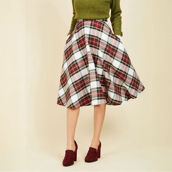 Hell Bunny Vixen Plaid Midi Skirt Red Green Tartan Swing Circle Skirt Size Small - Picture 1 of 11